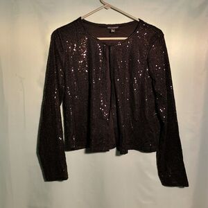 Nina Leonard Black Sequin Cardigan – Long Sleeve Open Front Party Jacket